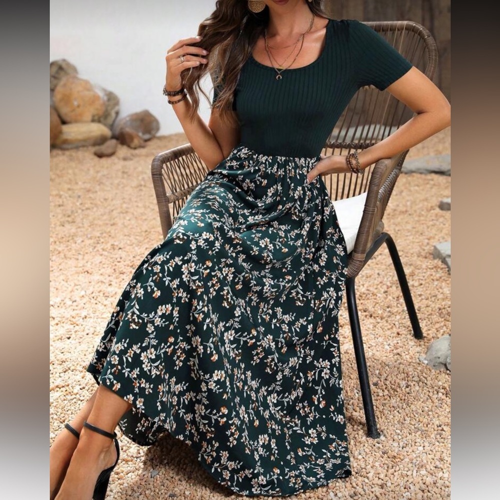 SHEIN Dark Forest Green Floral Cottagecore Modest Maxi Dress
